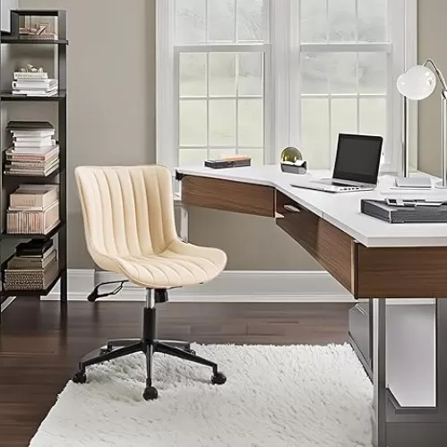 YOUNIKE Beige Home Office Desk Chair with Wheels Ergonomic Comfy Armless Vanity Chair with Back Modern Leather Upholstered Rolling Task Chair Small Cute Drafting Sewing Chair No Arms Swivel Adjustable