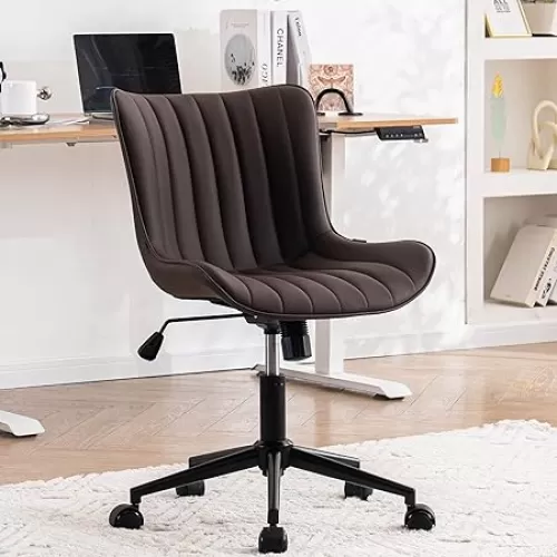 YOUNIKE Brown Ergonomic Home Office Desk Chair with Wheels Comfy Armless Vanity Chair with Back Modern Leather Upholstered Rolling Task Chair Small Cute Computer Drafting Chair Wide Swivel Adjustable