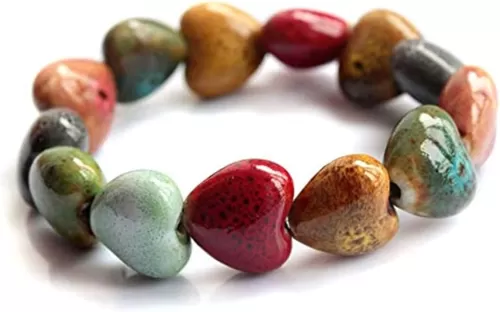 Zittop Bracelet Colorful Ceramic Handmade Simple Ethnic Style Variety of Shapes Elastic Hand Chain for Women (Heart type)