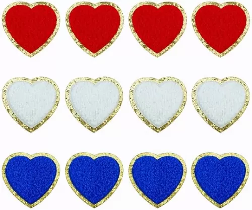 12 PCS Heart Patch Red Blue White Heart Iron On Gold Edges Chenille Patches Patriotic Heart Applique for DIY Clothes Decorative