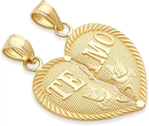 14k REAL Yellow Gold Samll "TEAMO" Couple Broken Heart Charm Pendant