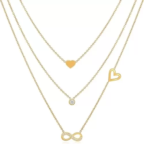 18K Gold Plated 3 Layered Necklace for Women, Stainless Steel Heart, Infinity & Sparkling Crystal Pendant, Elegant Adjustable Waterproof Hypoallergenic Jewelry, Gift for Her