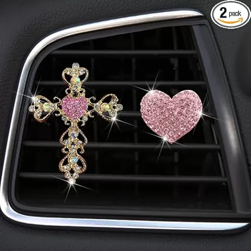2 Pack Car Vent Clip Bling Car Accessories, Crystal Cross and Heart Car Vent Clip Air Freshener, Car Diffuser Vent Clip Diamond Car Decoration Car Essentials for Women(Pink)