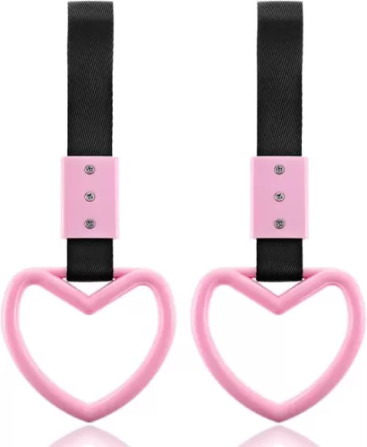 2 PCS Car Heart Hanging Accessories Drift Charm Pink Heart Handle Strap for Car Rear Bumper Warning Ring Decor Heart-Shaped Car Handle Straps Subway Bus Replace Handle Interior Exterior Decoration