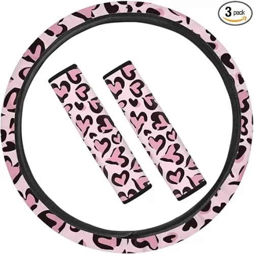 2 Pcs Car Seat Strap Pads and 15" Steering Wheel Cover Winter Sets, Heart-Shaped Leopard Print Neoprene Soft Thin Cool Car Accessories for Women, Neck Protector & Non-Slip for Hands Pink