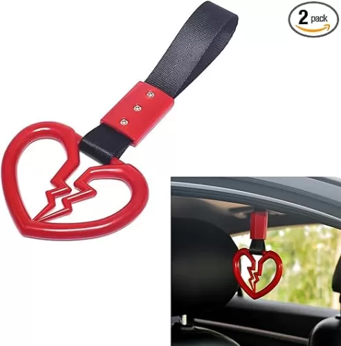 2 PCS Car Warning Hanging Ring, ABS Nylon with Broken Heart Shape Rear Bumper Hand Pull Ring, Multi-Purpose Personalized Decorative Accessory, Compatible with Most Car Models (Red & Black)