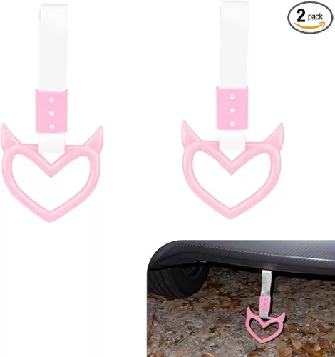 2 PCS Heart Handle Strap for Car, Drift Charm Rear Bumper Warning Ring Decor, Heart Car Hanging Accessories, Drift Handle Rings for Car, SUV, Bus, Subway Interior Exterior Decoration (Pink)