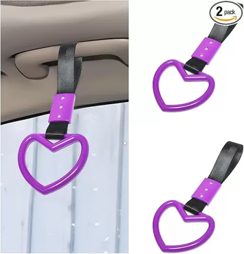 2 PCS Heart Shaped Car Hand Straps, Car Rear Bumper Warning Rings and Interior Decoration, Tsurikawa Rings Heart Handle for Car SUV Subway Bus, Universal Car Accessories (Purple)