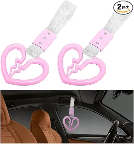 2PCS Broken Heart Car Handle Straps, Broken Heart-Shaped Rear Bumper Hanging Warning Ring, Handle Straps Drift Warning Loops with Heart Shape Pull Ring, Car Accessories (Pink & White)