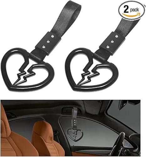 2PCS Broken Heart-Shaped Car Handle Straps, Warning Rings, Black