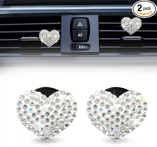 2pcs Car Vent Clip, Bling Crystal Heart Charms, Universal Car Air Conditioning Decor, White