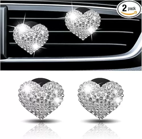 2PCS Crystal Diamond Car Vent Clip, Heart-Shaped Bling Charms Crystal Air Vent Clip, Bling Car Interior Decorative Accessories for Women (Heart-Shaped White)