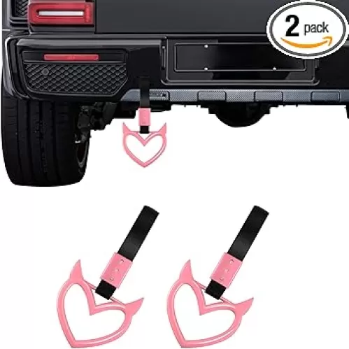 2PCS Devil Heart Handle Ring, Heart Hand Strap Drift Charm, Cute Heart-Shaped Warning Loops, Easy Installation Rear Bumper Warning Ring Decor, Interior Decoration for Car (Pink)