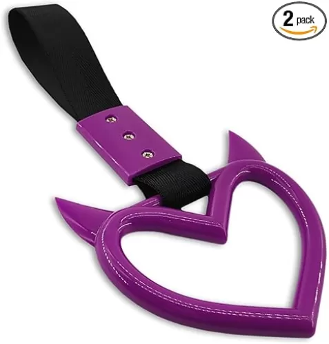 2PCS Heart shaped Car Handle Straps, Heart Car Accessories, Ring Hearts Shaped Cars Hand Strap Drift Charm, Universal Handle Keychains Accessory Suitable for Cars Bus (Purple+black)