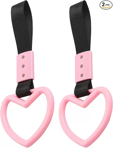 2PCS Heart Shaped Car Handle Straps, Rear Bumper Warning Keychain Ring with Drift Charm for Car Exterior Interior Accessories (Pink)