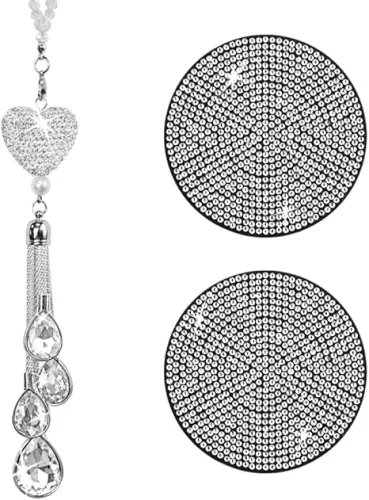 3 pcs Bling Car Accessories for Women, DaKuan 1 pcs Heart Diamond Car Hanging Accessories, Car Rear View Mirror Accessories with 2 pcs Car Cup Coasters