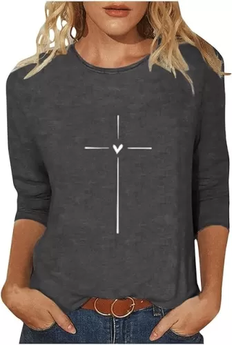 3/4 Length Sleeve Womens Tops Cross Heart Inspirational Religious Christian T-Shirt Funny Print Tees Crewneck Blouse