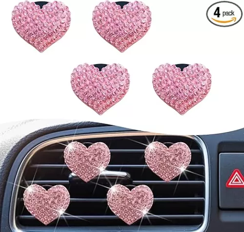 4 PCS Bling Heart Air Vent Clips, Crystal Heart-shaped Aroma Diffusers, Car Air Conditioning Air Freshener Clips, Cute Car Interior Accessories for Women and Girls (Pink)