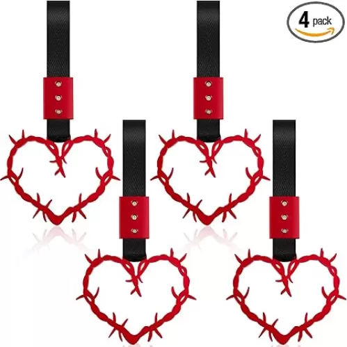 4 Pieces Heart Handle Keychains Car Accessory Heart Hand Strap Drift Charm for Car Interior Exterior Decoration(Red, Thorns)