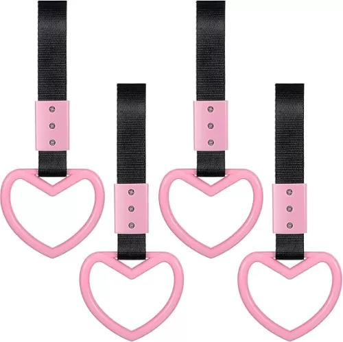 4 Pieces Rings Heart Shaped Car Handle Straps Bumper Warning Ring Decor Subway Bus Heart Handle for Car Interior (Pink)