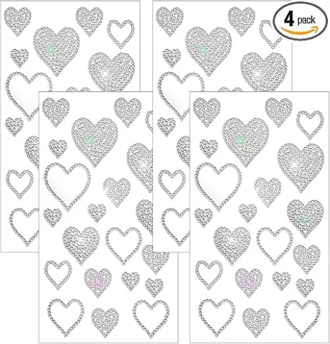 4 Sheets Crystal Rhinestone Heart Sticker Decals, Self Adhesive Glitter Bling Heart Sticker Window Clings, Car Body Decal Kit for Christmas Decal Holiday Decor Car Accessories