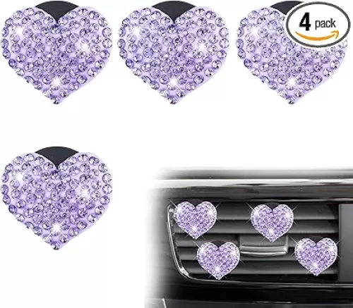 4Pcs Bling Heart Air Vent Clips, Universal Car Air Conditioning Fresh Clip, Sparkling Heart Car Vent Clips, Decorative Purple Cars Accessories for All Vehicles
