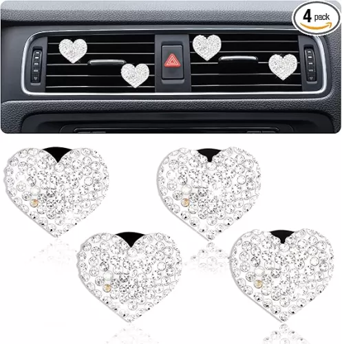4Pcs Bling Heart Car Air Vent Clips Charms Air Conditioning Outlet Clip Crystal Rhinestone Universal Car Interior Decorative Accessories for Women Girls