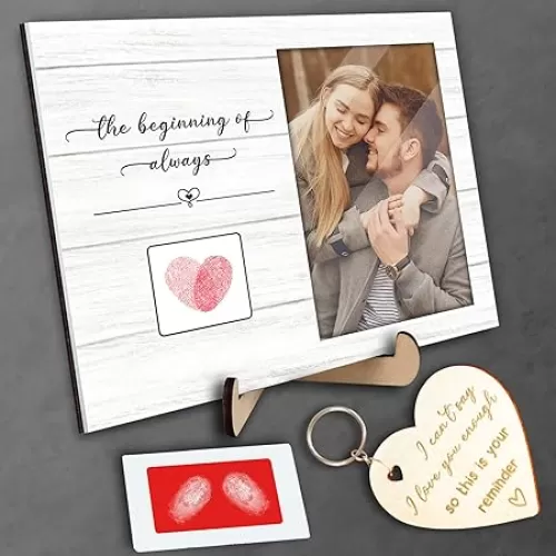 4x6 Covered Love Picture Frames for Couples with Heart Keychain Thumbprint Photo Portrait Plaque Wall Art Sign Anniversary Valentine Engagement Gifts for Him Her Boyfriend Husband Wife HF335