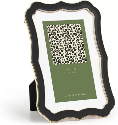 4x6 Enamel Picture Frame with HD-Tempered Glass, Display 3x5 Photo with Mat, Ornate Photo Frame with Gold Metal Edge & Velvet Back for Tabletop & Wall Mount Vertically or Horizontally Display, Black