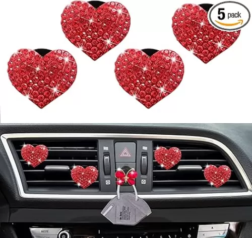 5 Pcs Bling Red Lips Air Vent Clips, Heart Shape Crystal Car Air Vent Clip Charms Car Air Fresheners for Women Rhinestone Diffuser Vent Clip Cute Car Decor Bling Car Accessories for Women (Red hearts)