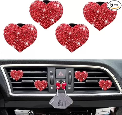 5 Pcs Red Bling Red Lips Air Vent Clips, Heart Shape Crystal Car Air Vent Clip Charms Car Air Fresheners for Women Rhinestone Diffuser Vent Clip Cute Car Decor Car Accessories for Women (Red hearts)