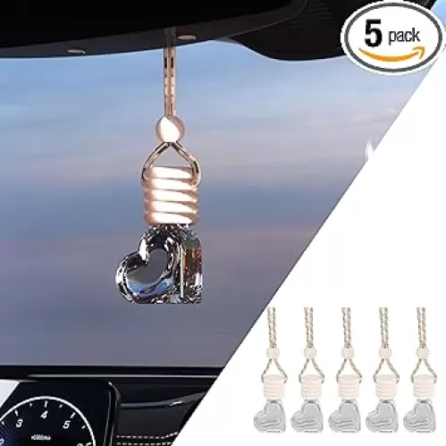 5PCS Hanging Car Air Freshener, Auto Interior Decoration 8 ml Oil Diffuser Perfume Aromatherapy Pendant Empty Glass Bottle, Fragrance Ornament with Vent Clip Wooden Cap and Rope (Heart)