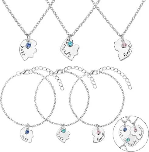 6 Pcs Best Friends Forever and Ever BFF Necklaces and Bracelet Printed Puzzle Broken Heart Pendant Necklaces Set Alloy Friendship Necklace Best Friend Jewelry for Connected Necklace(Silver)