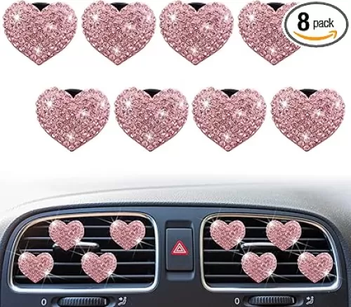 8-Pc Bling Heart Air Vent Clips, Crystal Heart Air Fresheners Vent Clip Rhinestone Car Decor - Cute Car Accessories for Women & Girls (Pink)