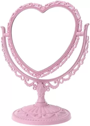 AKOAK 1 Pack Simple and Lovely Heart-Shaped Cosmetic Mirror Plastic Double-Sided Rotatable Dresser Mirror Lightweight Portable Bathroom Bedroom Mirror （Four-Color）(Pink)