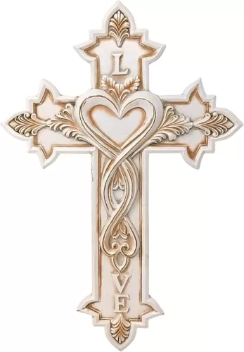 AMAJY White Cross with Elegant Heart Design - Premium Resin Inspirational Wall Art - Inspirational Home Decor for Living Room, Bedroom, Office or Prayer Room - Symbol of Faith and Love