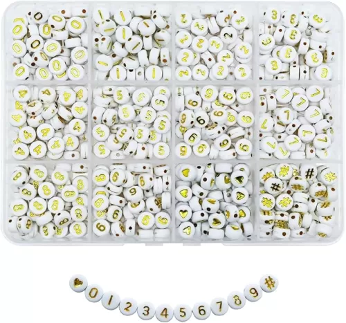 Amaney 600pcs Gold Number Beads 0-9 Symbol # Heart Beads 7x4mm White Acrylic Beads with Storage Box