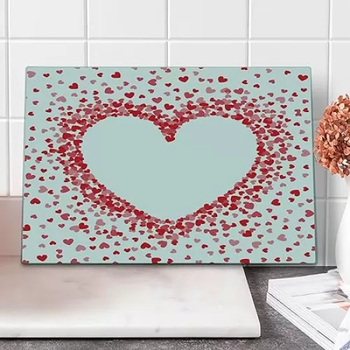 Ambesonne Vintage Valentine Cutting Board, Spreading Tiny Bicolour Hearts Making a Big Romantic Shape, Decorative Tempered Glass Cutting and Serving Board, Large Size, Vermilion Pink