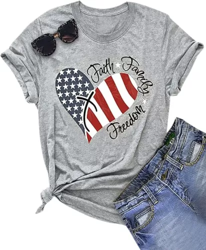 American Flag Heart T Shirt Faith Family Freedom Patriotic Tees for Women USA Flag Stars Stripes Casual Tops Shirts