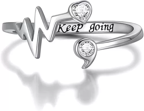 APOTIE Sterling Silver Semicolon Inspirational Ring Heartbeat Rings Jewelry Gifts for Women