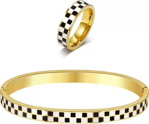 Black White Stainless Steel Jewelry Set - Checkered Couple Ring & Bracelet Stackable, Non Tarnish Gift for Women Men