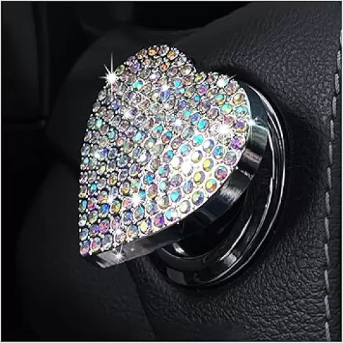 Bling Car Engine Start Button Cover, Heart Shape Diamond Push Start Button Sticker, Sparkly Rhinestone Ignition Decal, Interior Decor Car Accessories for Women Girls (Colorful)
