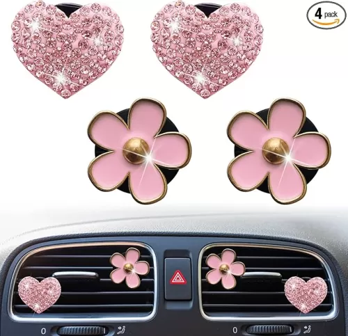 Bling Heart & Daisy Air Vent Clips, 4 Pcs Pink Heart & Flower Car Air Fresheners Vent Clips Diffuser Vent Clip Rhinestone Diamond Decoration Car Interior Decor Cute Accessories for Women