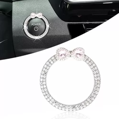 Bow Car Accessories, Double Pink Heart Engine Start Button Ring, Girly Rhinestone Push Start Stop Button Car Decor for Women Silver Ignition Ring