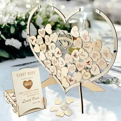 Brynnl Wedding Guestbook Alternative, Guest Book Reception with 100 Wooden Hearts and Drop Box, Ideas, Rustic Decor for Party, Wedding, Ceremony Reception, Brown