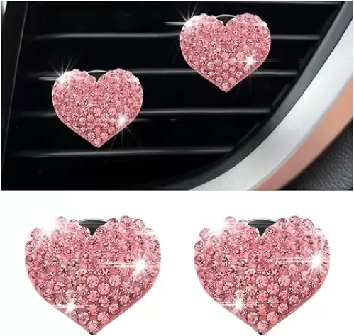 Car Bling Air Vent Clips, 2 Pcs Bling Heart Charm Air Conditioning Outlet Clip, Crystal Rhinestone Accessories, Sparkly Car Interior Decoration Cute Accessories for Women Girls（Pink）