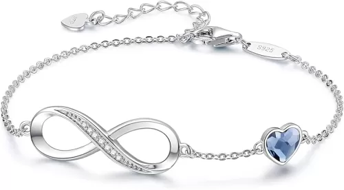 CDE Infinity Heart Birthstone Charm Link Bracelet for Women 925 Sterling Silver Adjustable Mother's Day Gift Anniversary Birthday Jewelry for Wife Girlfriend Her