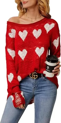 Chang Yun Women Off Shoulder Knitted Pullovers Sweater Loose Long Sleeve Hearts Printed Ripped Tops