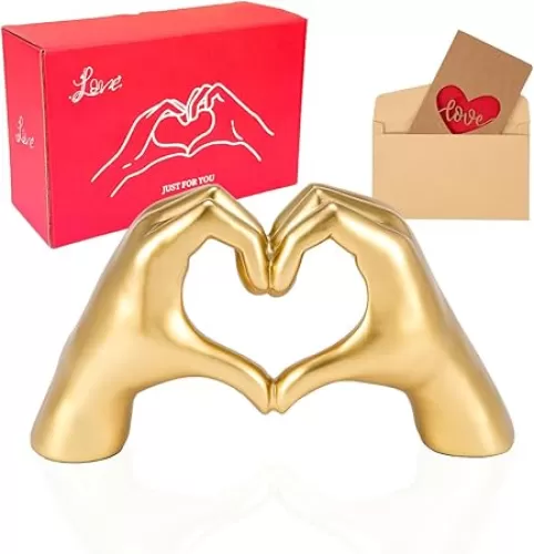 CINPIUK Gold Heart Hand Sculpture, Small Statue Decor for Book Shelf Table, Modern Finger Statue for Living Room Bedroom Home Decoration, Symbol of Love Gift for Birthday Valentine's Day Mother's Day