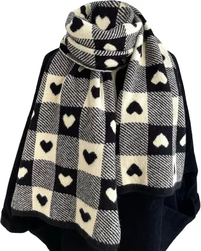 CORIRESHA Women's Holiday Gift Winter Warm Cute Heart Checkered Print Scarf Shawl
